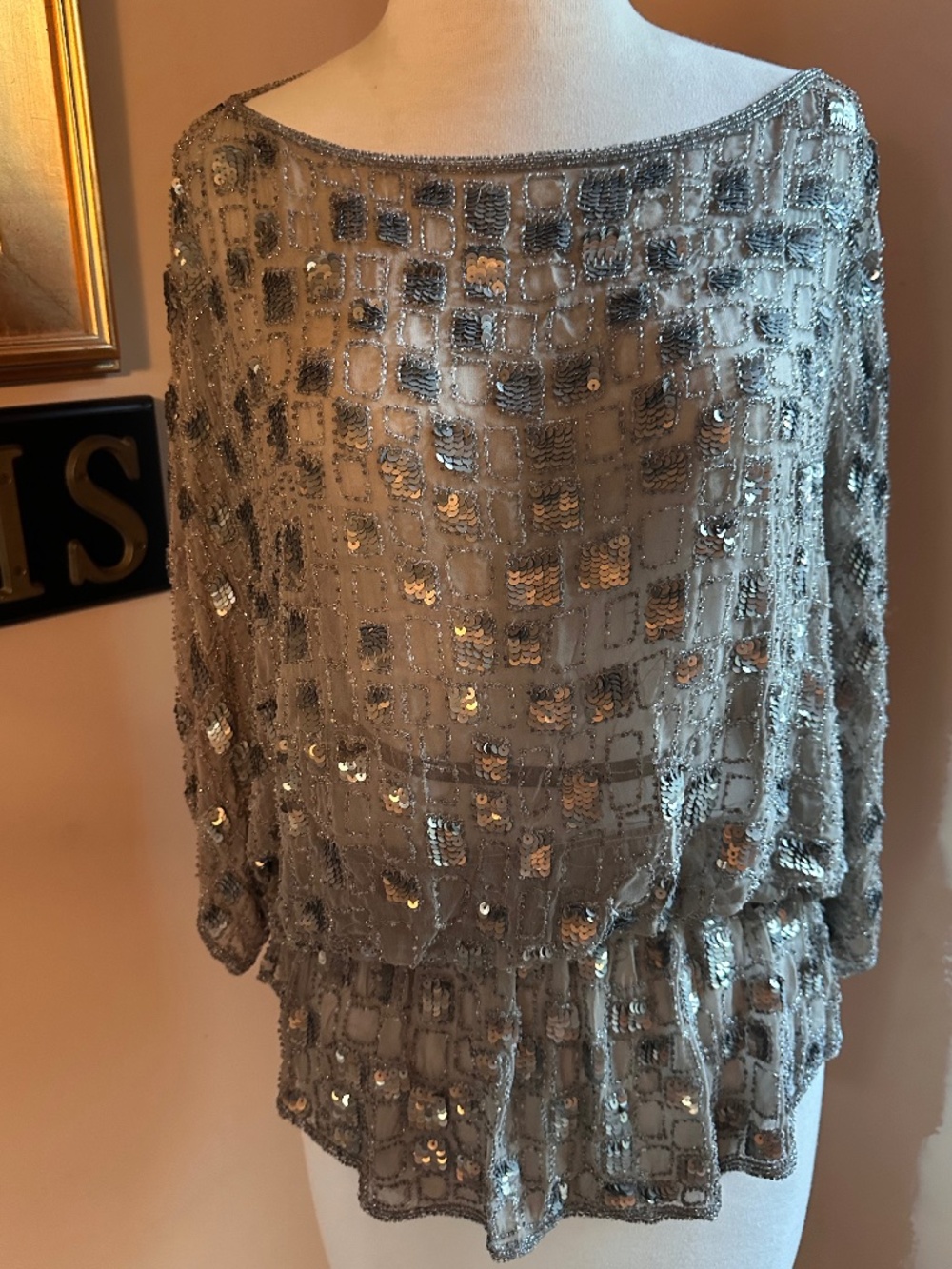 VTG Y2K Parker Grey Silk and Sequin Peplum Blouse Size S